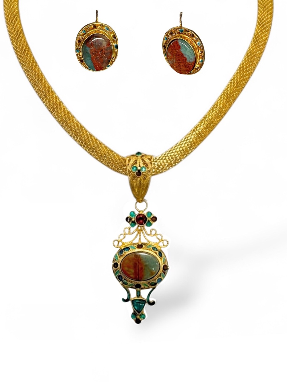 Vintage Gold Plated Vermeil Statement Pendant Necklace Earring Set - NWOT